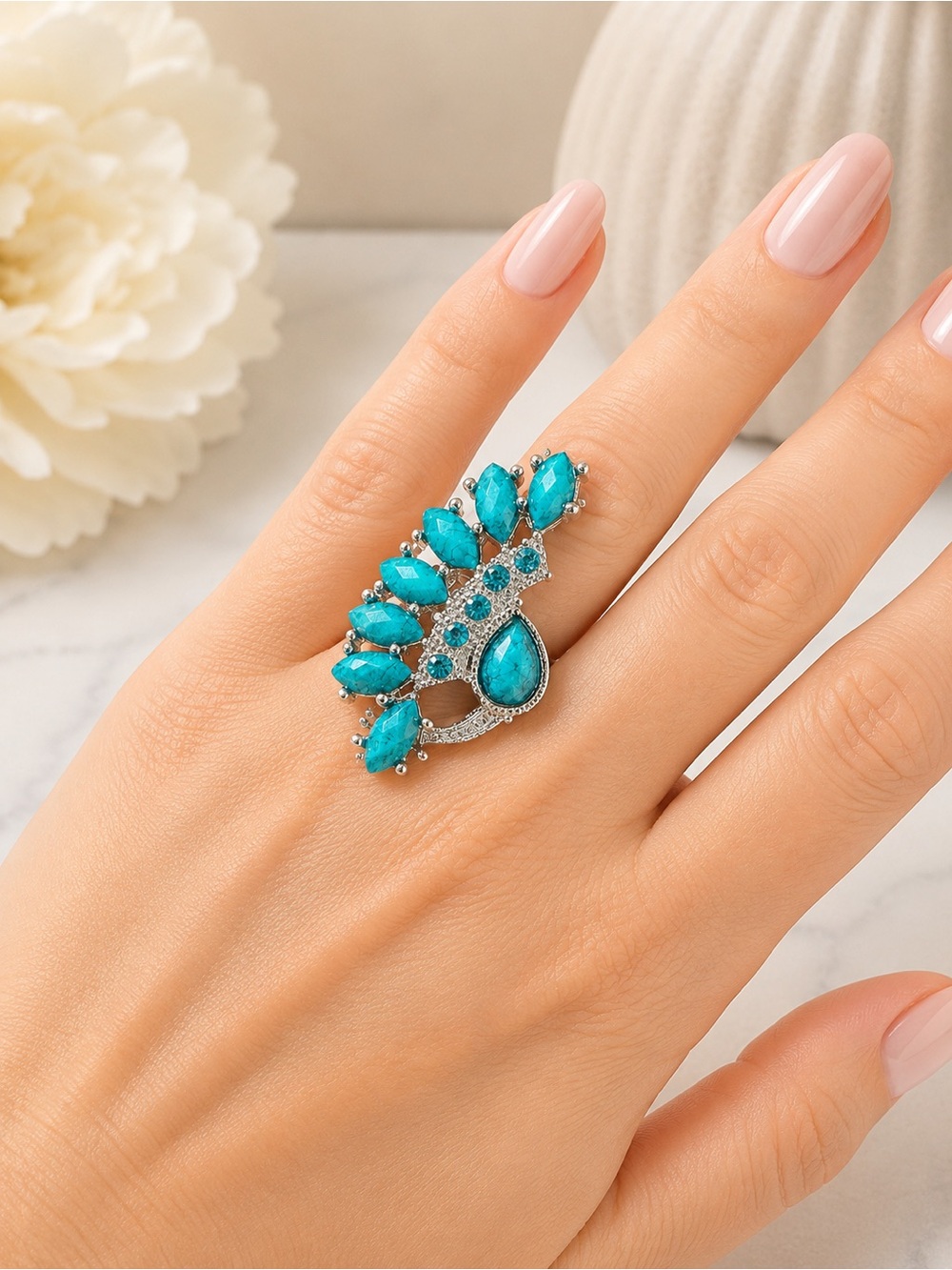 Vintage Adjustable Turquoise Blue Rhinestone Cocktail Statement Ring